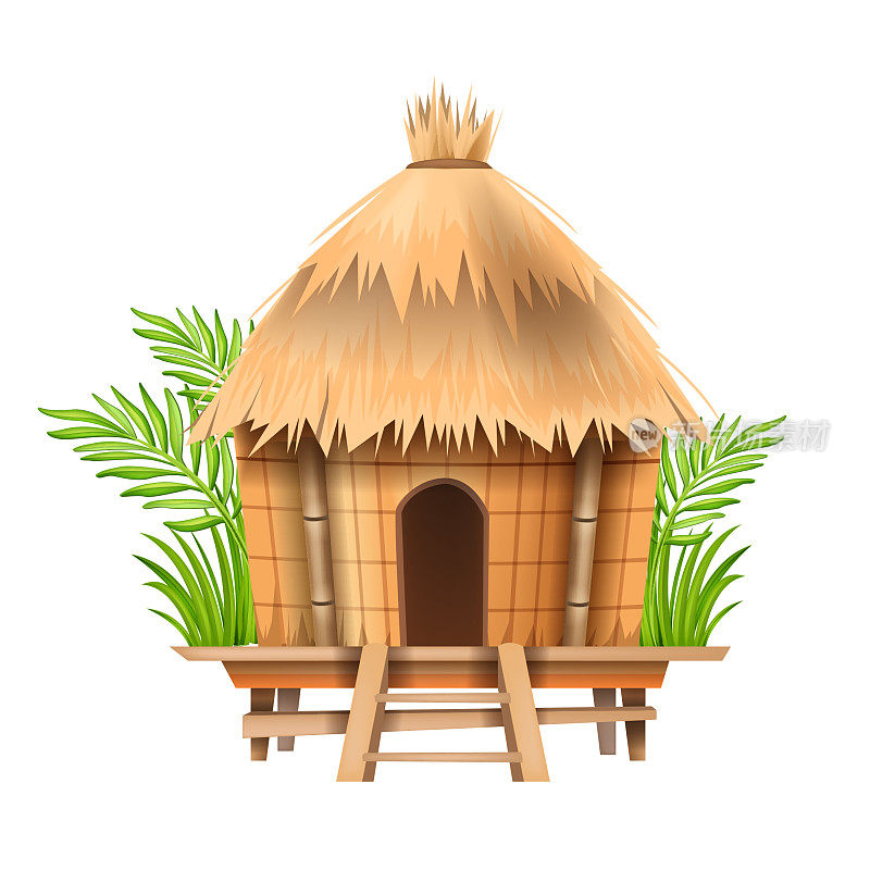 平房小屋，稻草村非洲茅草尼帕屋，矢竹海滩帐篷建筑屋顶。
