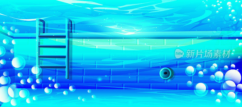 卡通风格的暑假概念。阳光灿烂的夏日里的水下泳池。
