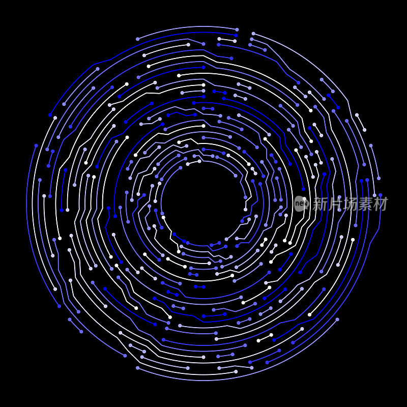 蓝色电路板风格的抽象圆形电子背景图案。