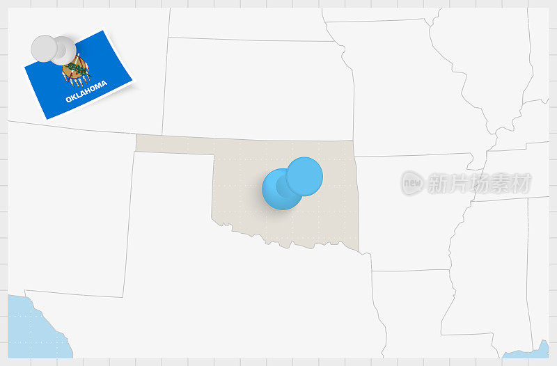 俄克拉何马州的地图，上面有蓝色的别针。俄克拉荷马州的别针旗。