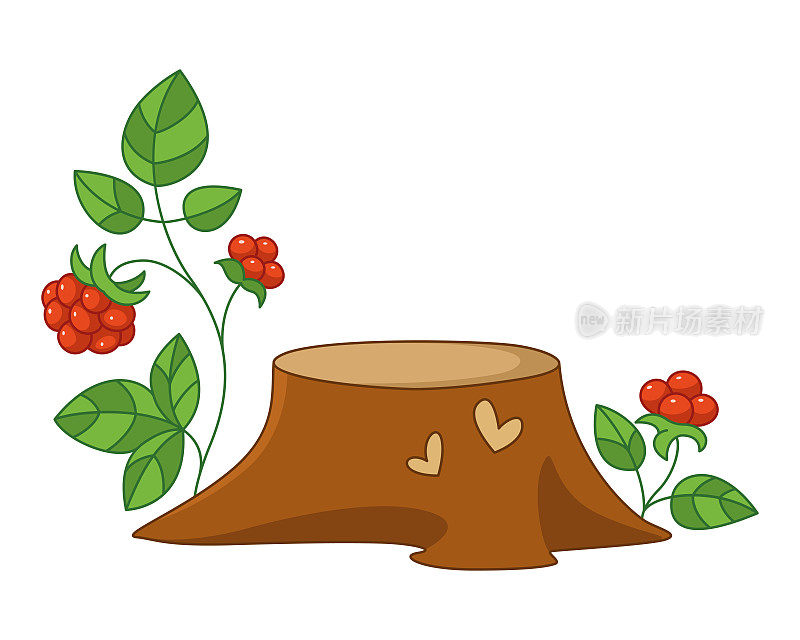 树桩与树枝树莓植物卡通矢量插图