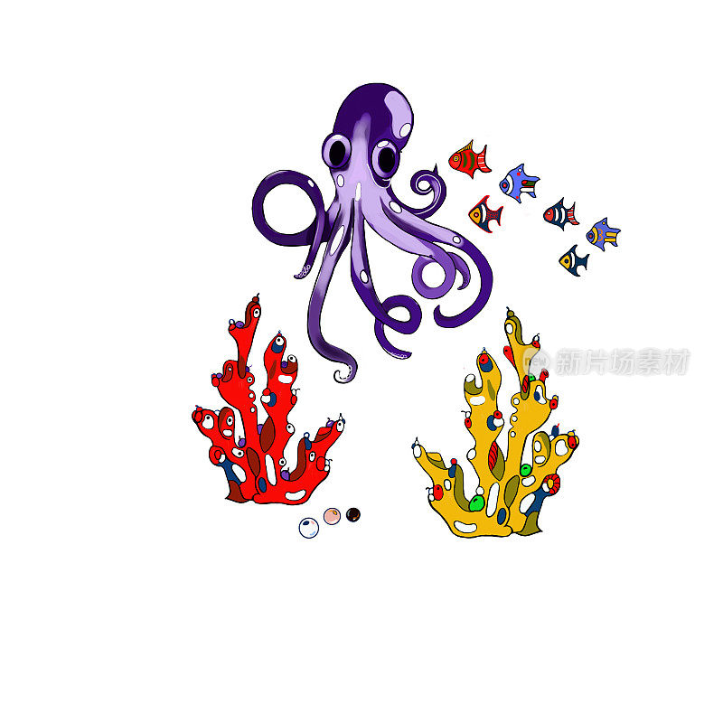 海洋集，章鱼，珍宝，珊瑚，鱼，海马在一个白色的背景