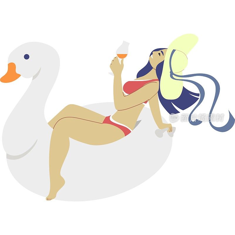 优雅快乐的女人在泳装和帽子喝酒鸡尾酒附近的游泳池矢量图标