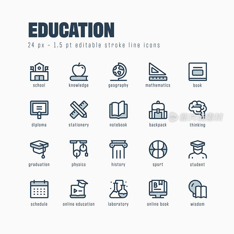 教育线图标集。可编辑的中风。像素完美。