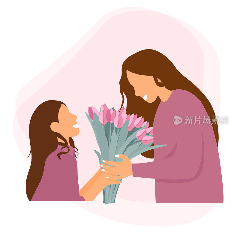 祝您母亲节快乐。女儿送她妈妈花，郁金香。妈妈拥抱她的女儿。母亲握着孩子的手。