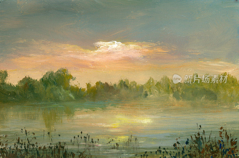 夏日夕阳江畔，油画