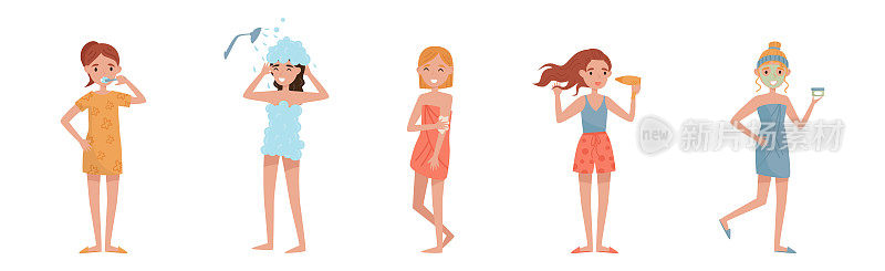 年轻女性淋浴，干燥头发和应用面膜矢量插图集