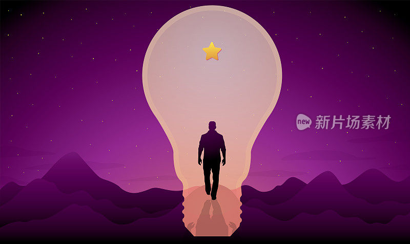 一名男子穿过一扇明亮的灯泡形状的门，走近紫色背景上一颗闪亮的星星