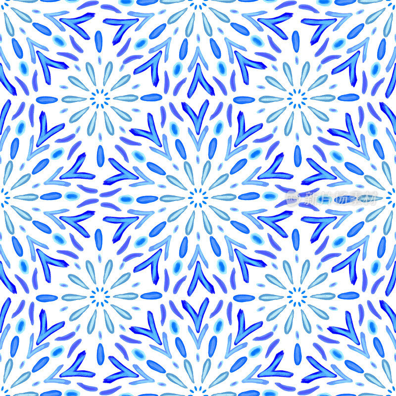 蓝色葡萄牙Azulejo无缝图案。摩洛哥瓷砖。矢量里斯本阿拉伯花马赛克，地中海装饰。