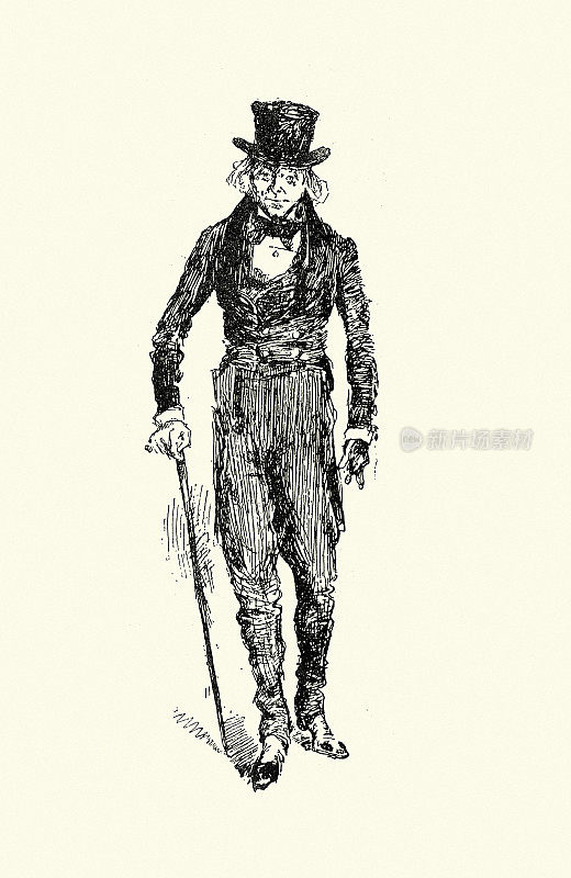 穿着得体的男人，大礼帽，手杖，维多利亚时代，插图来自乔治・威廉・柯蒂斯的故事《普鲁与我》