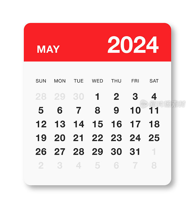 每月2024年5月日历星期日开始