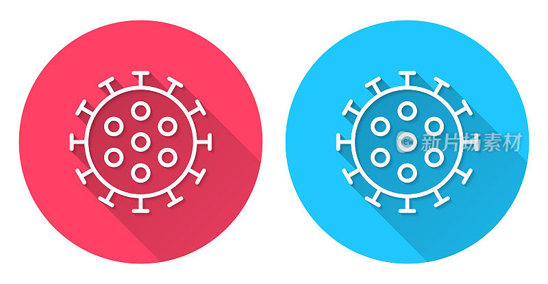 冠状病毒细胞(COVID-19)圆形图标与长阴影在红色或蓝色的背景
