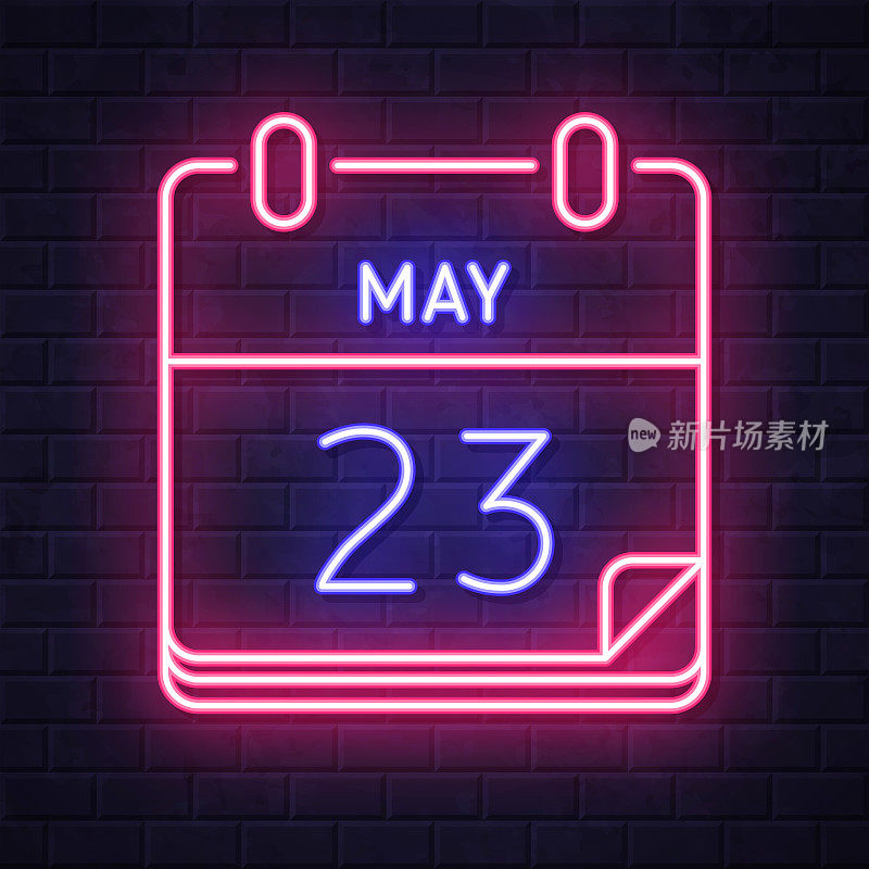 5月23日。在砖墙背景上发光的霓虹灯图标