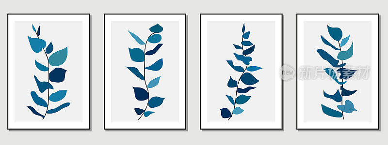 矢量蓝色新潮时尚分支和植物艺术画廊壁纸海报卡片模板设计背景