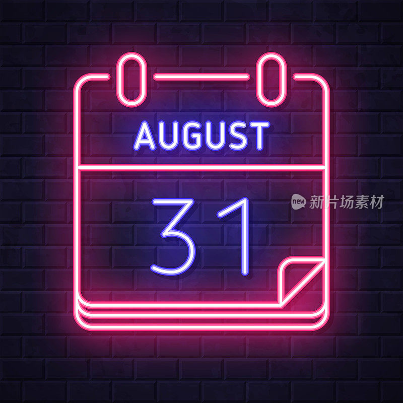 8月31日。在砖墙背景上发光的霓虹灯图标