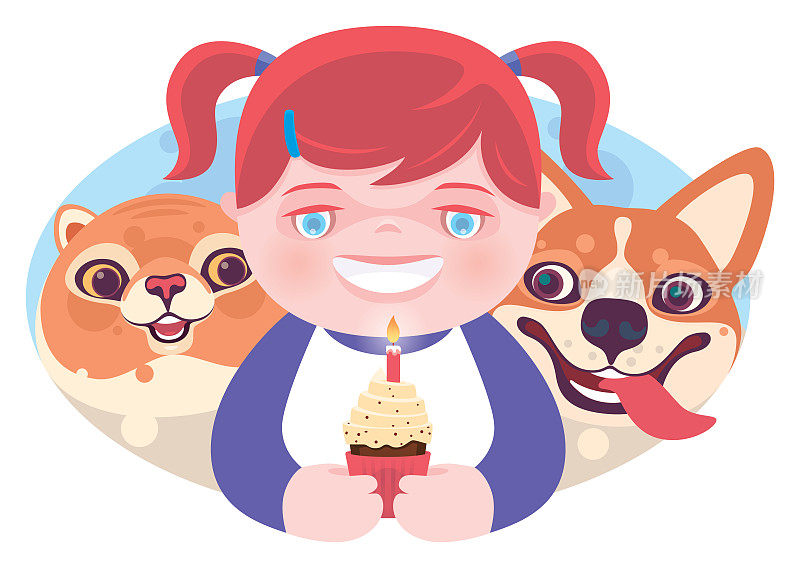 小女孩手里拿着小蛋糕，还有狗和猫