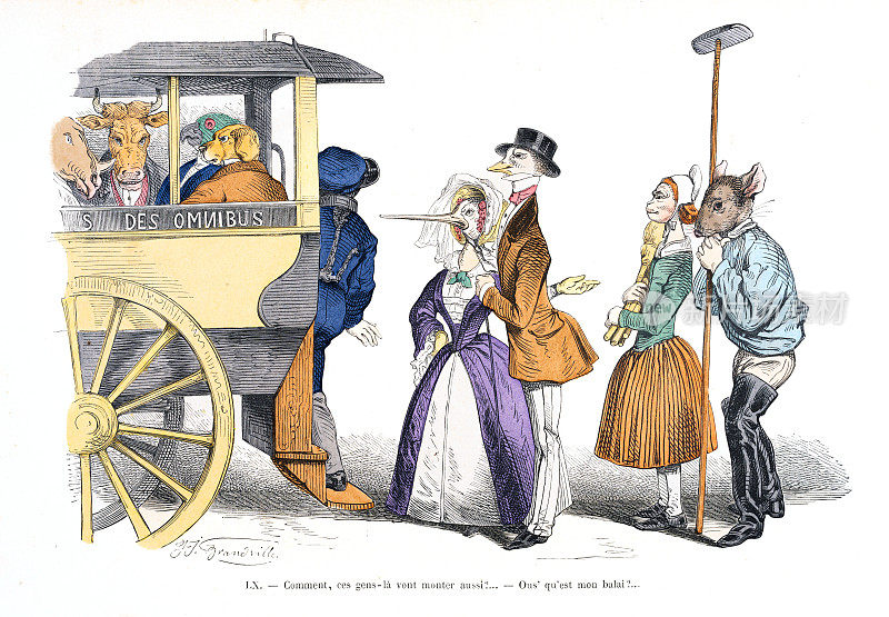 这些人又怎么爬上去呢?:手工彩色平版版画《格兰维尔动物寓言》，1869年