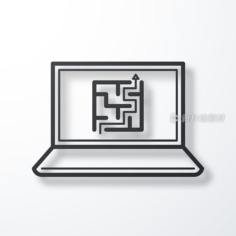 带迷宫的笔记本电脑。线图标与阴影在白色背景