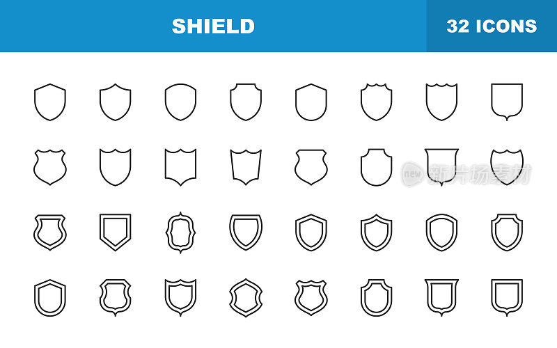 屏蔽线图标。可编辑的中风。包含诸如徽章，防御，防火墙，徽章，隐私，安全，保安，标志，军事，装饰，盔甲，徽章，保护，安全，警卫等图标。
