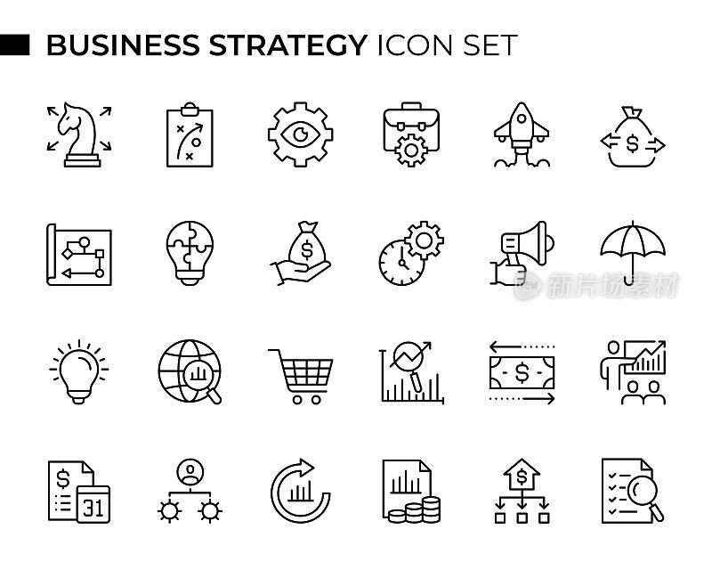 业务战略概念细线图标集包含战略、规划、业务流程、新业务、费用、流程图、创新、投资、效率、营销、风险管理等图标