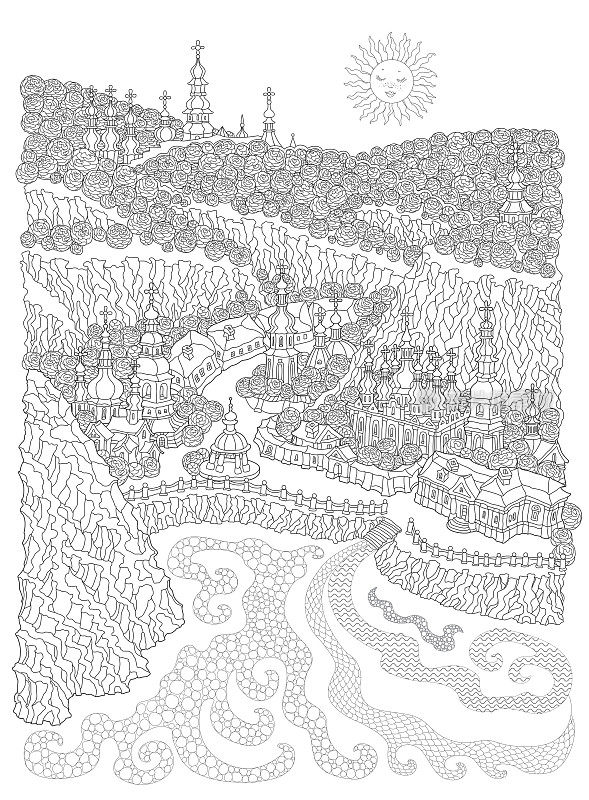 矢量黑白轮廓勾勒出梦幻景观，童话般的小镇建筑和树木，教堂和河岸花园。T恤打印。成人和儿童涂色书页