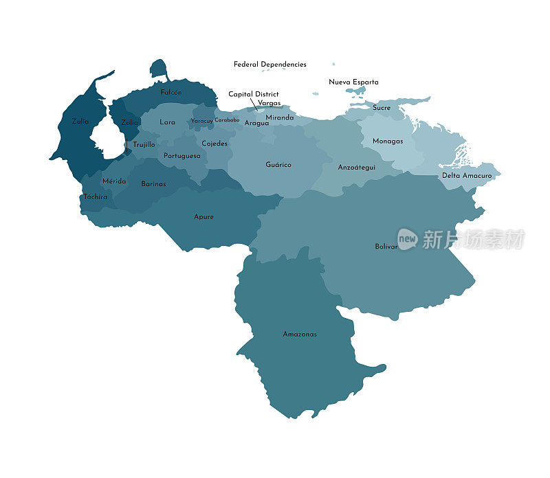 矢量孤立图解简化行政地图委内瑞拉。地区的边界和名称。五颜六色的蓝色卡其色轮廓