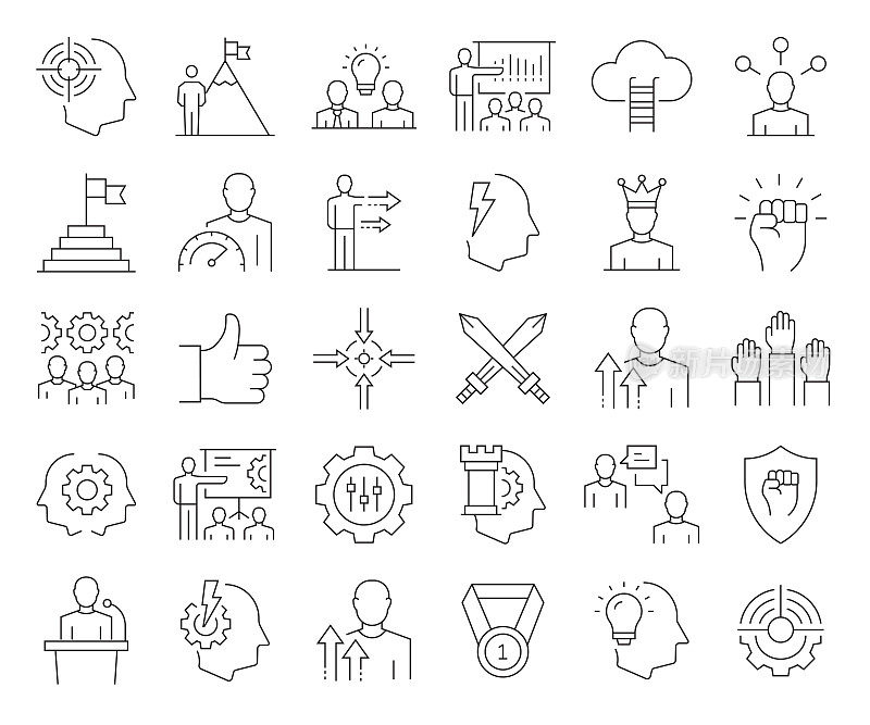 简单的商业动机相关的矢量线图标。大纲符号集合。可编辑的中风