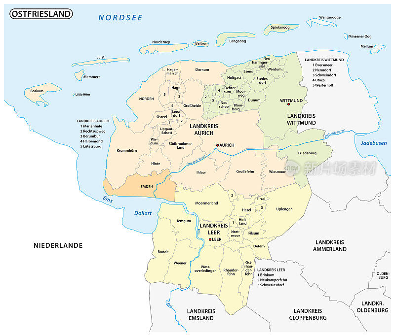 德国东弗里斯兰下萨克森地区的行政和政治地图