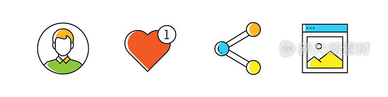 与社交媒体相关的矢量线图标。大纲符号集合