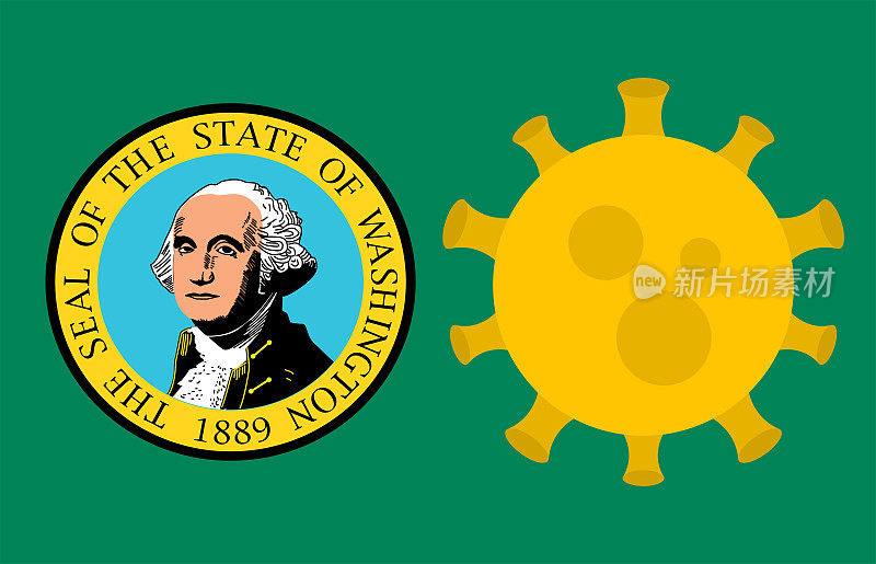 带有爆发病毒的华盛顿州旗。新型冠状病毒病。