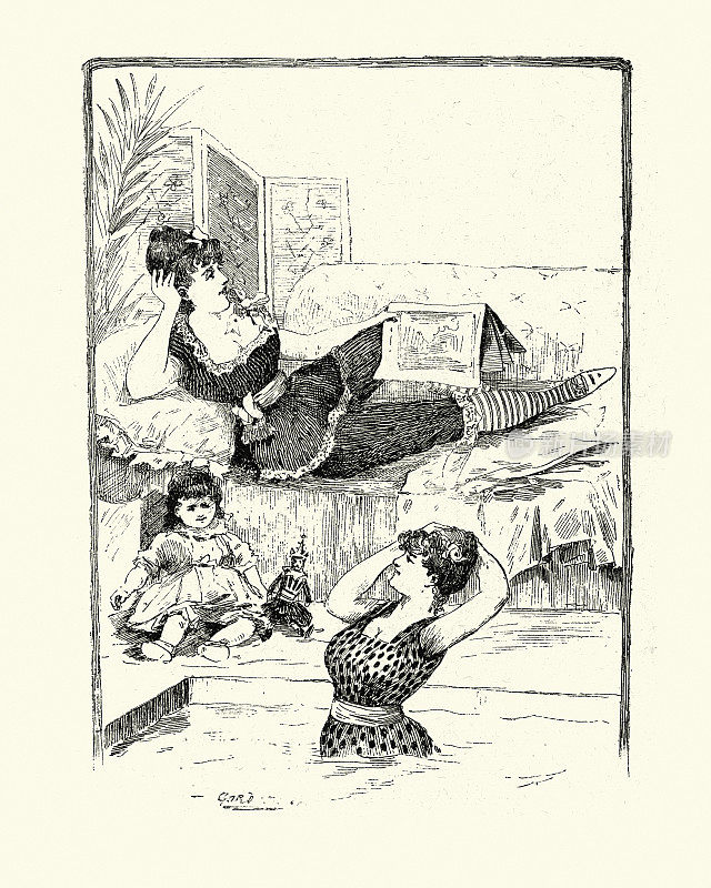 19世纪，年轻女子在浴室里放松