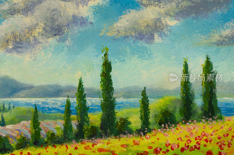 风景与柏树在多彩的花田在托斯卡纳，意大利。我用水彩画，丙烯酸画，油画。