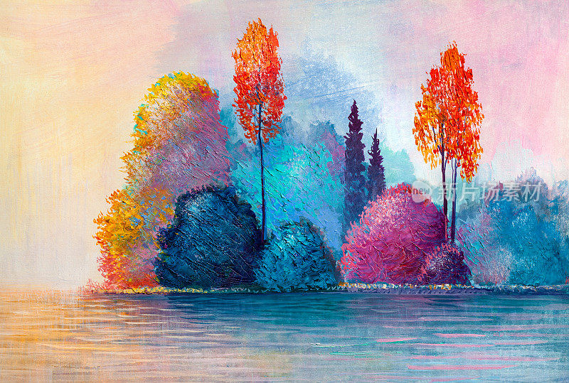 油画山水，河边秋林，五彩缤纷的秋树。印象主义艺术。