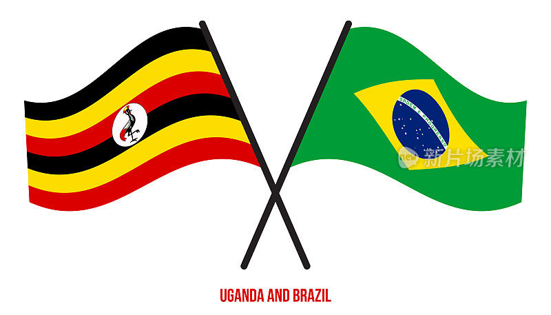 乌干达和巴西旗帜交叉和挥舞扁平风格。官方的比例。正确的颜色