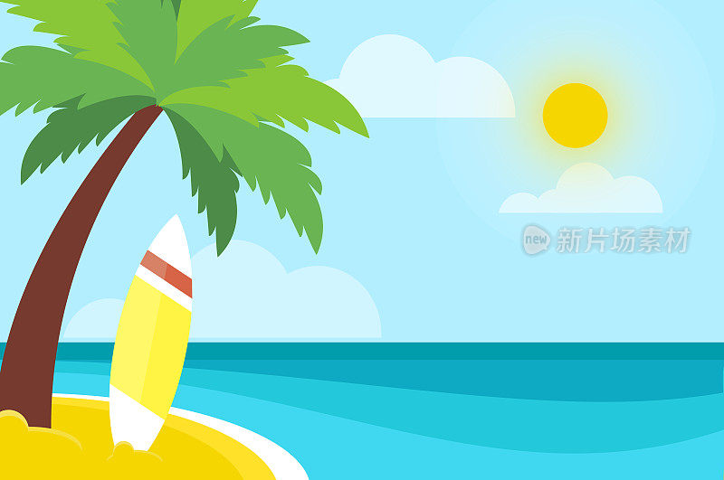 在海滨冲浪。棕榈树下的冲浪板。时间旅行。热带暑假。运动时间。平的。