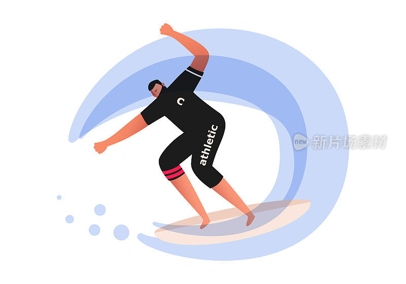 冲浪者乘着海浪，溅起许多水花。水上运动矢量插图。水上滑板