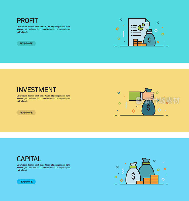 与投资相关的平面线横幅设计与图标