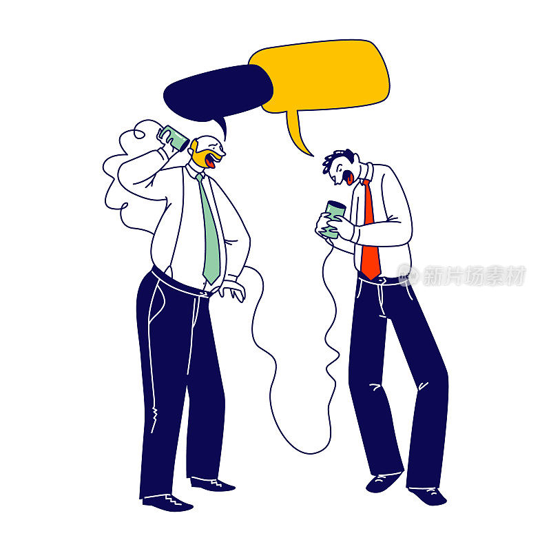 商人人物说话的老式聋哑电话或罐头电话由锡罐与绳子或绳子连接。通讯，复古变送器器具。线性人物矢量图
