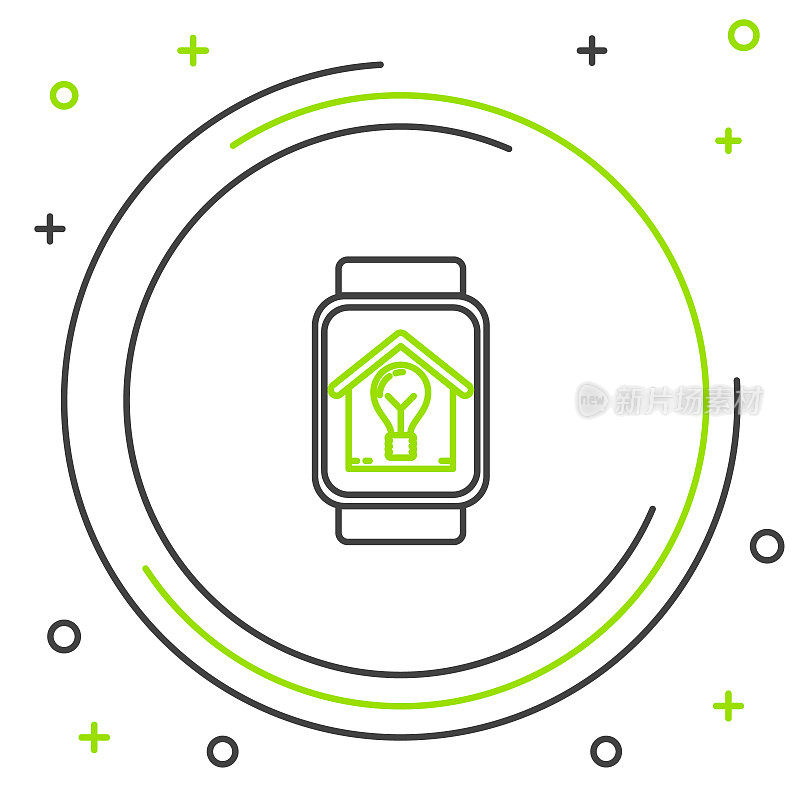 黑色和绿色线智能手表与智能房子和灯泡图标隔离在白色背景。色彩斑斓的轮廓的概念。矢量图