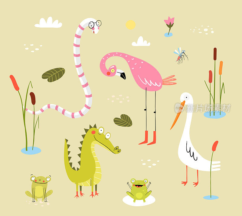 蜥蜴，青蛙，短吻鳄，鳄鱼和火烈鸟与鸭或藤鸟。沼泽和湖涂鸦动物clipart卡通收集的孩子。