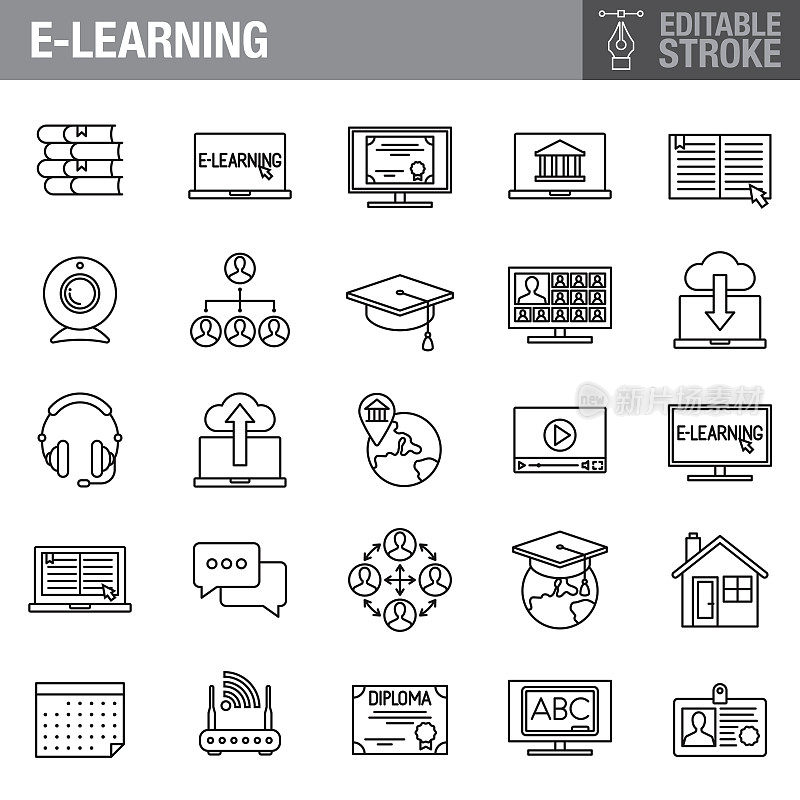 E-Learning可编辑的描边图标设置