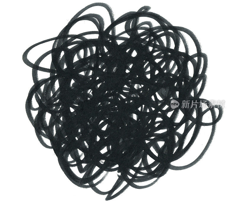 由黑色马克笔在白纸背景上画的风滚草-多层次的组成，不均匀的凌乱的线圈成一个球-抽象矢量股票插图手绘