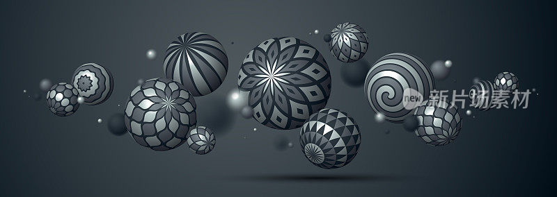 抽象的金属球矢量背景，组成飞球装饰与金属光泽的图案，3D混合各种逼真的球体与装饰品，逼真的景深效果。