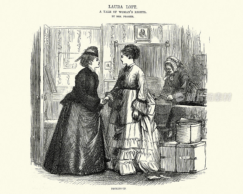 十九世纪七十年代，一名维多利亚时代的年轻女子正在收拾行李准备离开