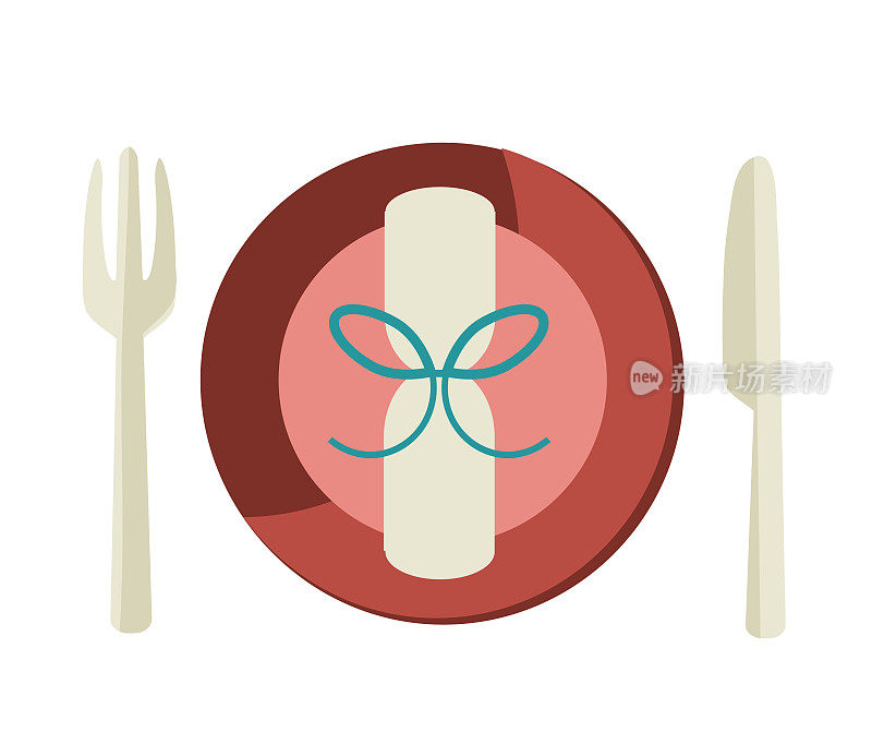 圣诞平面设计图标:假日场所的餐具，包括叉子，盘子，餐巾和刀