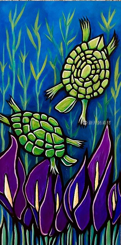 安东尼奥·瑞尔的《两只乌龟和紫百合在一起》抽象插画