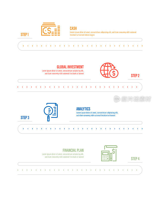 信息图表设计模板。现金，全球投资，分析，财务计划图标与4个选项或步骤。