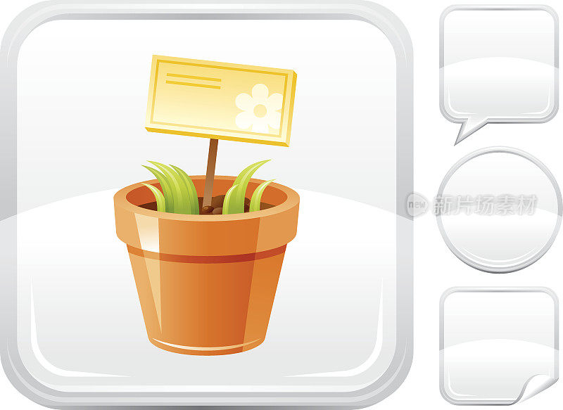 花盆与年轻的植物图标上的银按钮