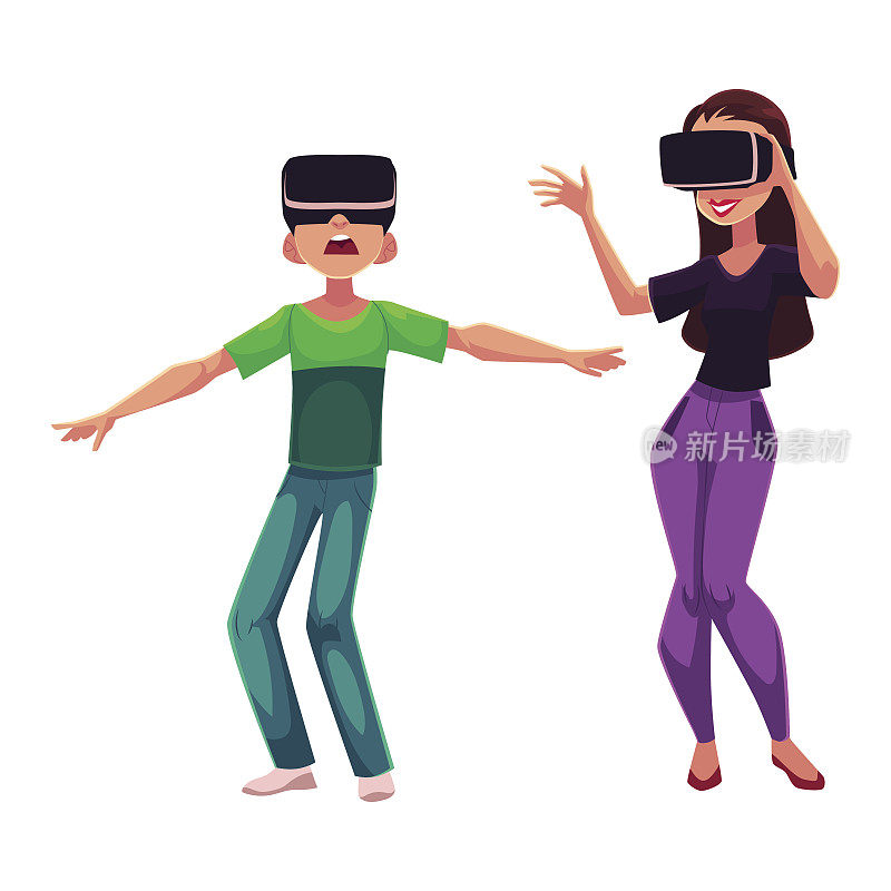 男孩和女孩戴着虚拟现实头盔，模拟器，一起玩