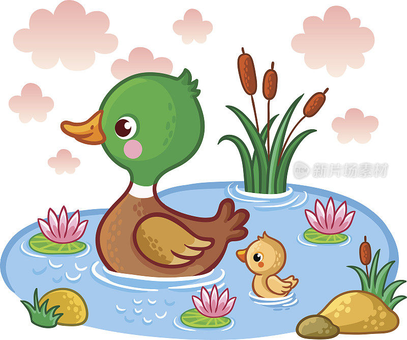 湖面上漂浮着一只带着小鸭子的鸭子。